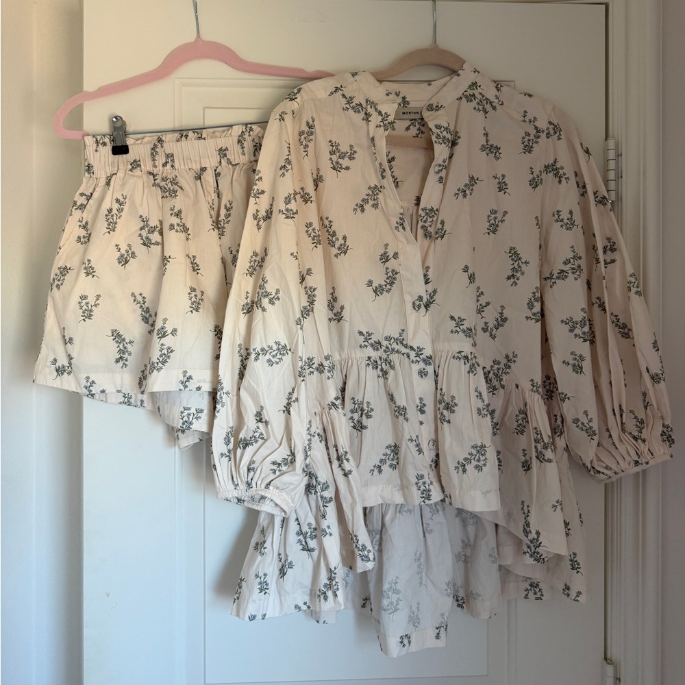 Morton Mac Floral Blouse in Cream with Green Print - Women